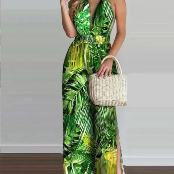 Tropical Green Leaf Print Jumpsuit - Picture 2 of 4